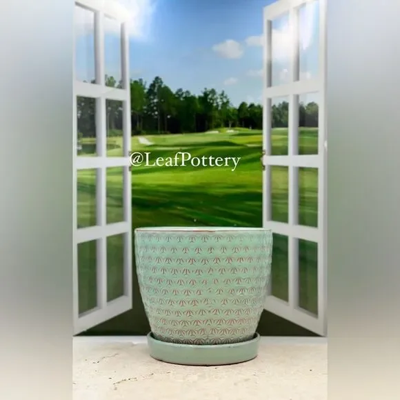 Atasi Aqua/Pink Ceramic Planter Pot with Saucer Attached - Picture 1 of 9